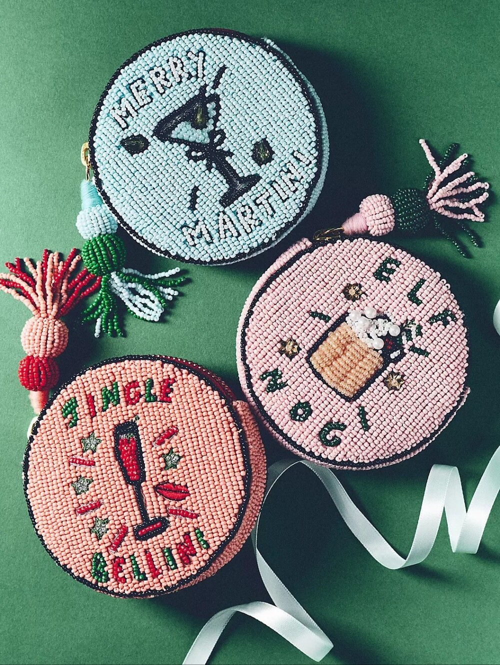 Anthropologie Nephthys Illustrated Beaded Round Coin Purse Elf Nog
